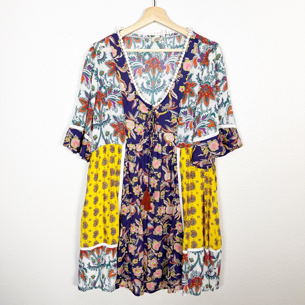 Lilka by Anthropologie Patchwork Trapeze Short Sleeve Dress Womens Size XL Boho